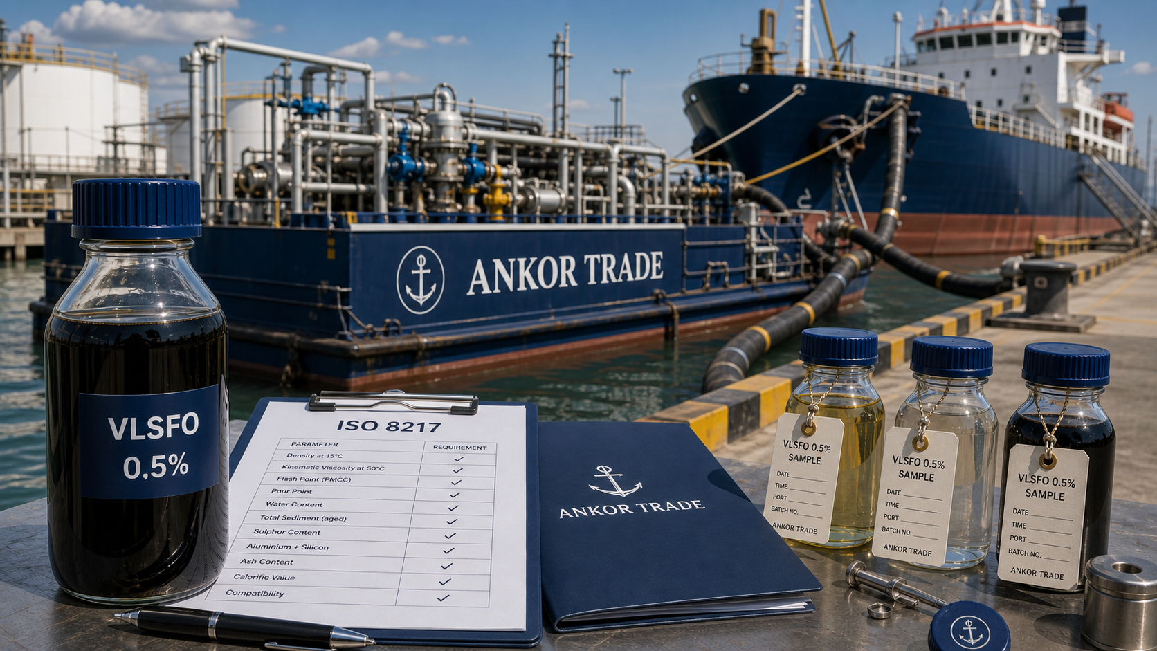 Illustrative VLSFO marine fuel sample beside bunker operation