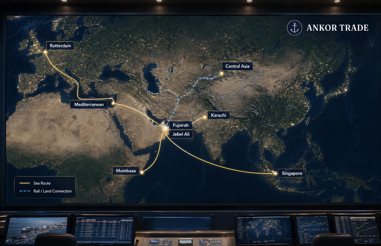 ANKOR TRADE route map from UAE to Europe Africa Central Asia South Asia and Singapore
