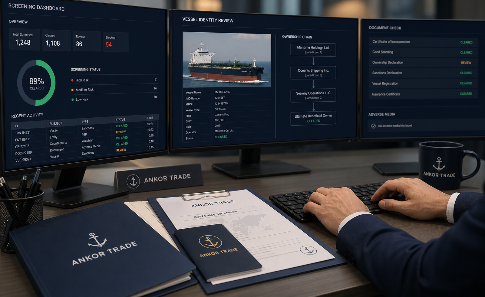 Illustrative sanctions screening and counterparty review dashboard