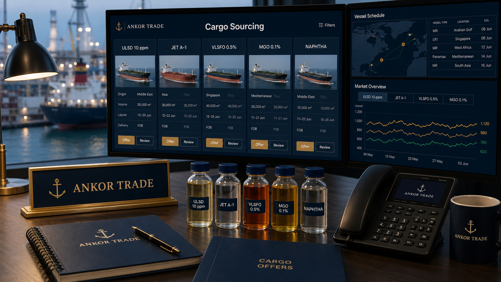 Illustrative cargo sourcing desk with tanker nominations and market screens