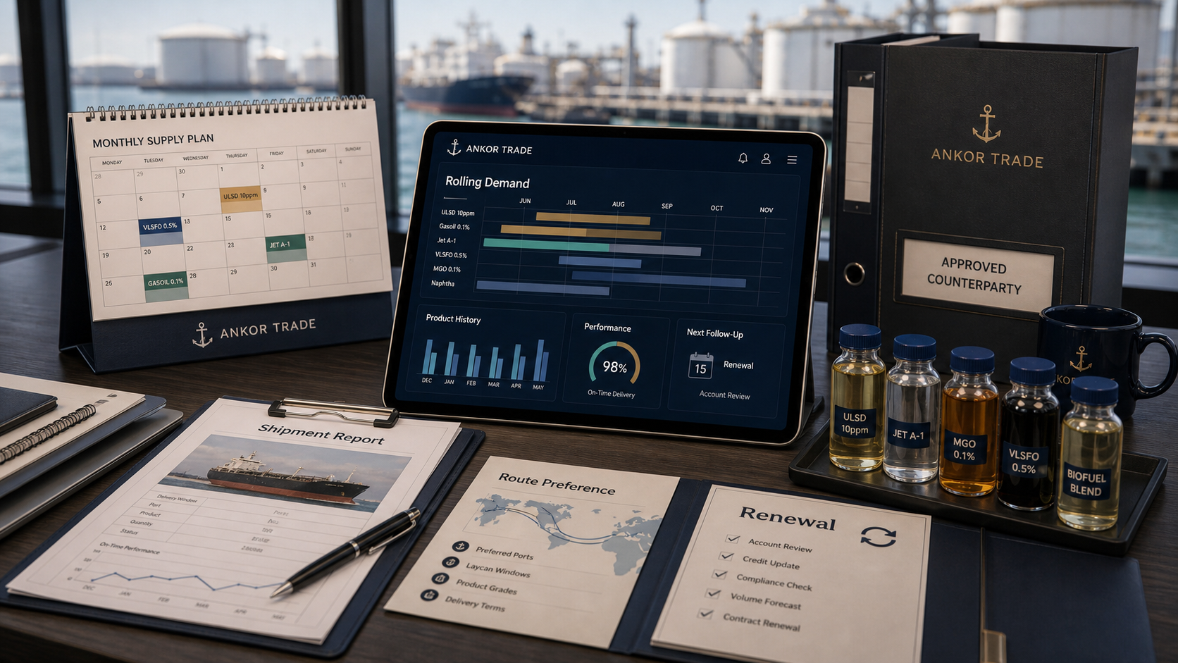 Illustrative repeat supply management desk with rolling calendar